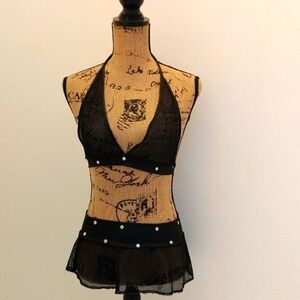 Black Mesh Halter Top with Skirt Silver Accents